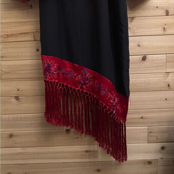 Vintage Y2K Clio Sz Large Red Black Silk Mandarin Asian Jacket Flapper Dress Set - Picture 6 of 15